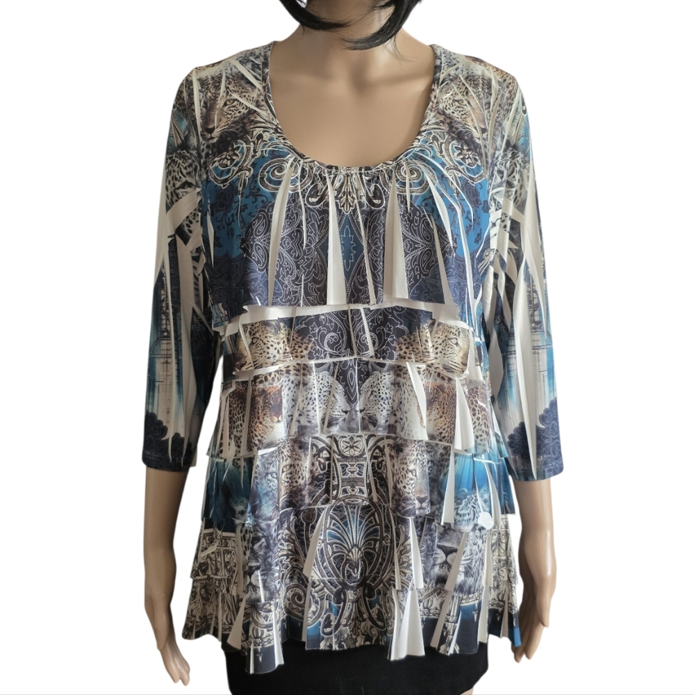 Multi-tiered léopard print Tunic, 3/4 sleeve top, Size L